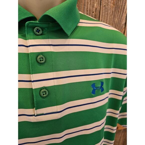 Under armour size M loose fit green white striped polo EUC performance golf top - Picture 2 of 7